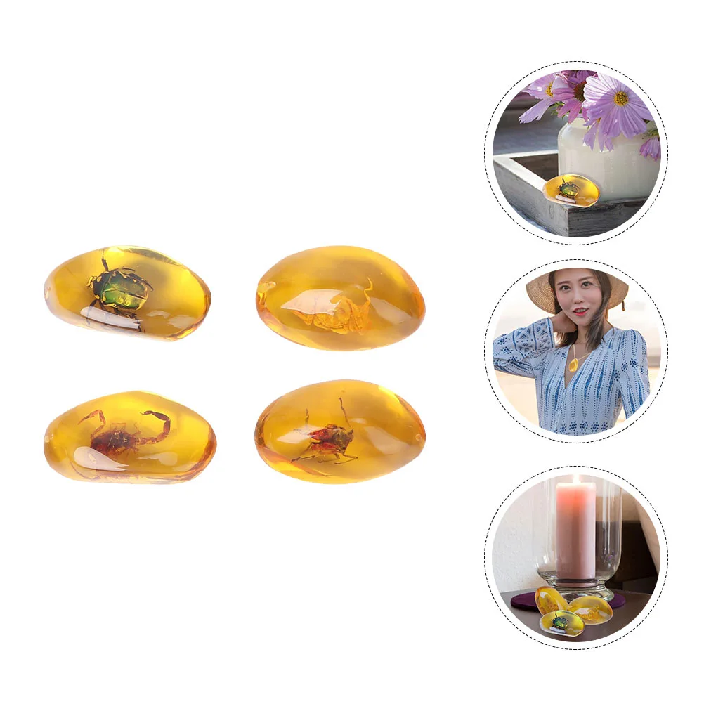 4 Pcs Insect Samples Beautiful Crystal Specimens Amber Specimens (Golden)