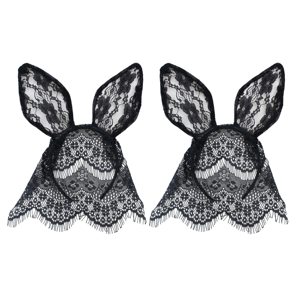 2Pcs Rabbit Cat Ear Veil Hairbands Lace Decorative Hair Hoops Party Headdress