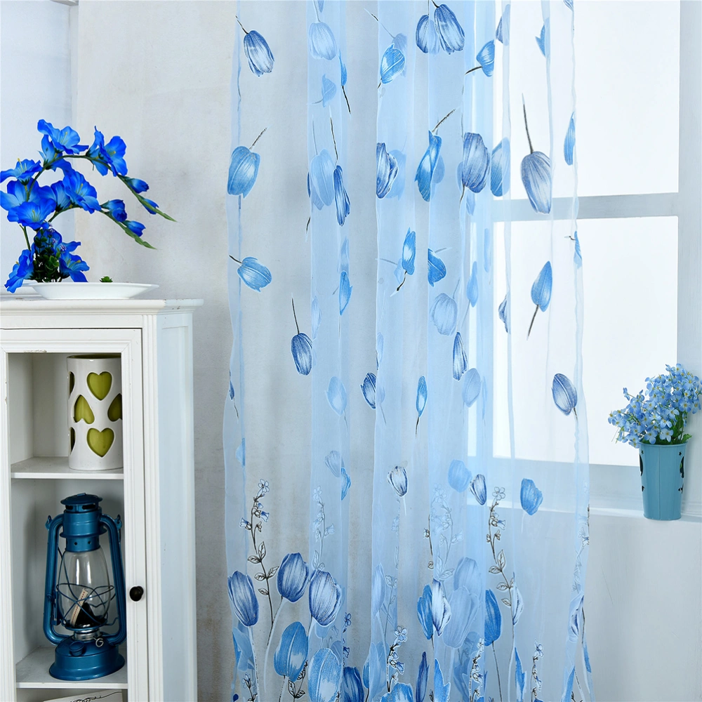 100x200cm Transparent Tulip Flower Sheer Curtains Window Screen Tassel Floral Tulle Voile Door Scarf Drapes Valance With Beads For Bedroom Living Room Home Decor (Blue)