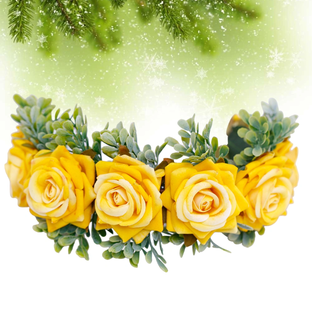 1PC Floral Headdress Artificial Rose Hair Wedding Hair Band Cosplay Headwear for Girls Brides (Yellow)