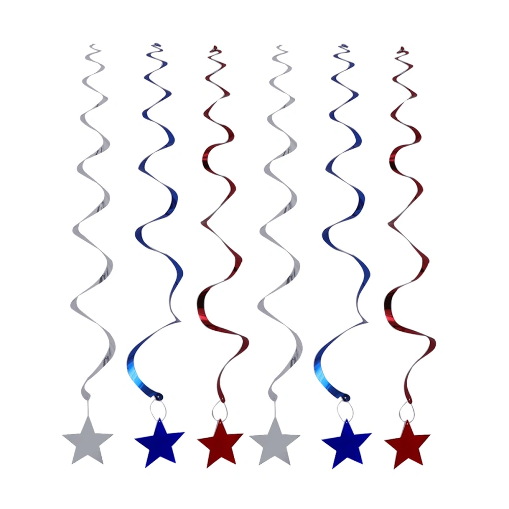 6pcs Independence Day Spiral Hanging PVC Star Decor Hanging Drop for Festival Party Gathering (Red, Silver And Blue Each Color Has 2pcs)