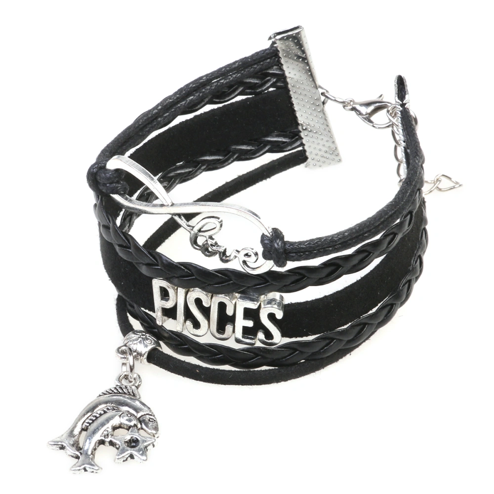 Multilayer Leather Bracelets Stylish Pendant Constellatory Bracelet Bangle Wristband for Women Men (Pisces）