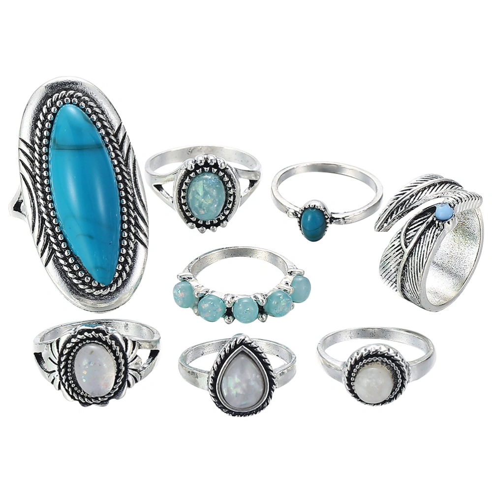 1 Set of 8pcs Vintage Finger Rings Alloy Imitation Turquoise Knuckle Rings