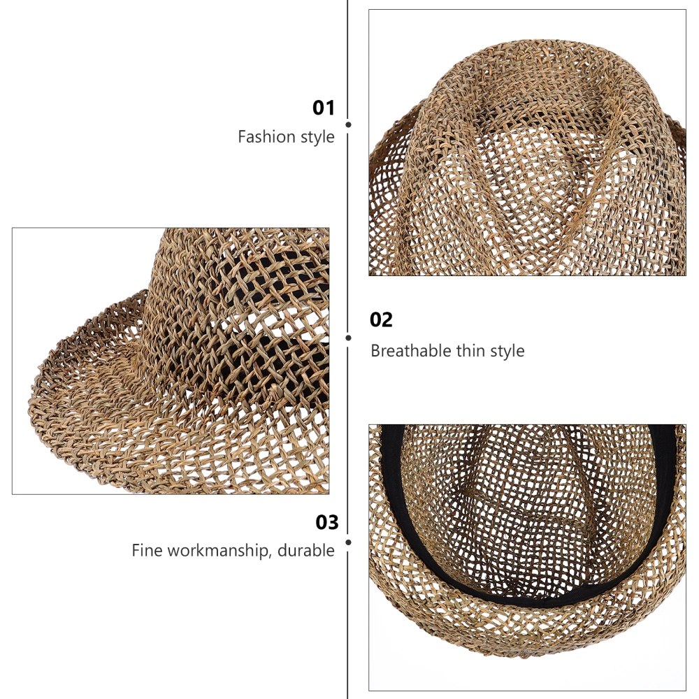 1pc Summer Straw Woven Hat Sun Protection Hat Handmade Outdoor Hollow Hat