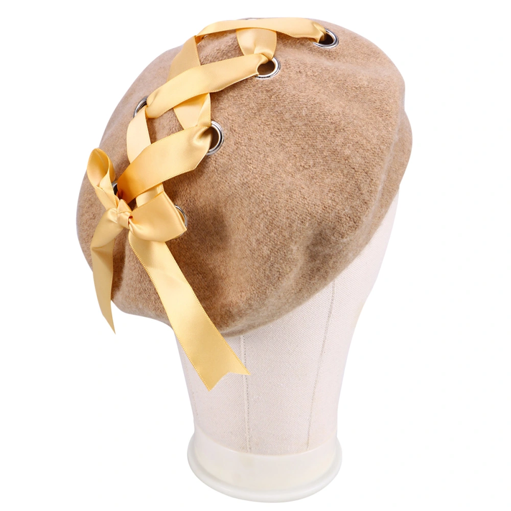 Womens Winter Wool Hat Berets Female Handmade Strap Crossing Bow Hats (Camel)