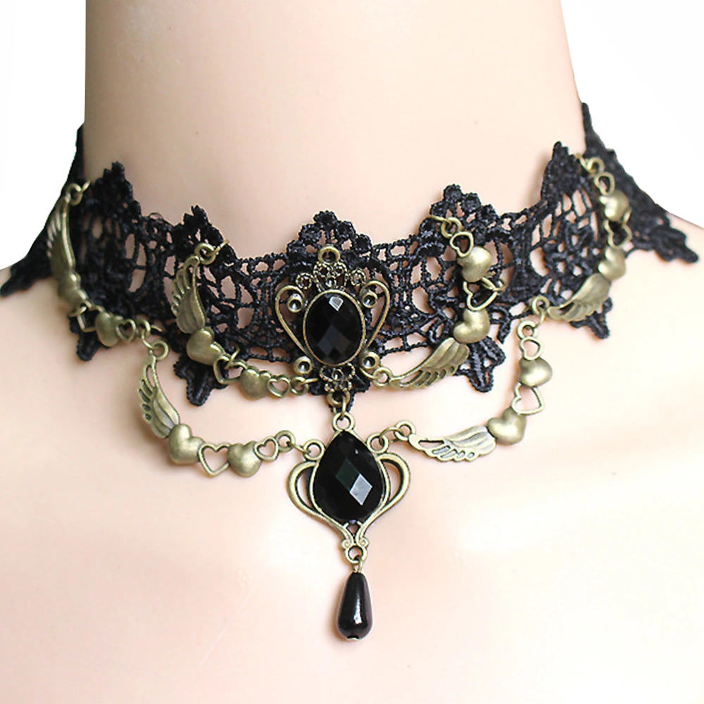 Elegant Women Fashionable Lace Necklaces Retro Exaggerated Lace Necklaces Tassel Black Bead Crystal Pendant Collar Choker Necklaces