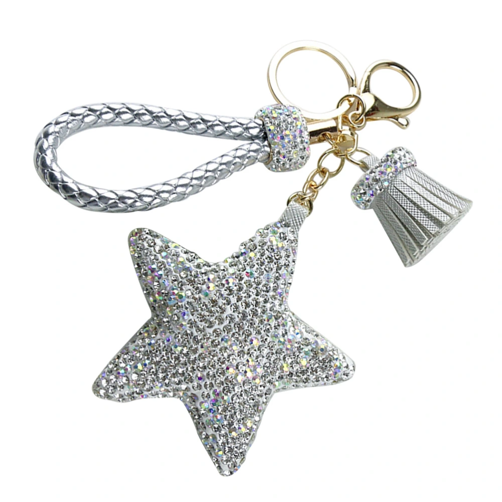 Silver Rhinestone Star Keychains Gift Pentagram Key Holder Pendant PU Crystal Key Rings Craft Ornaments for Car Key Bag Hanging