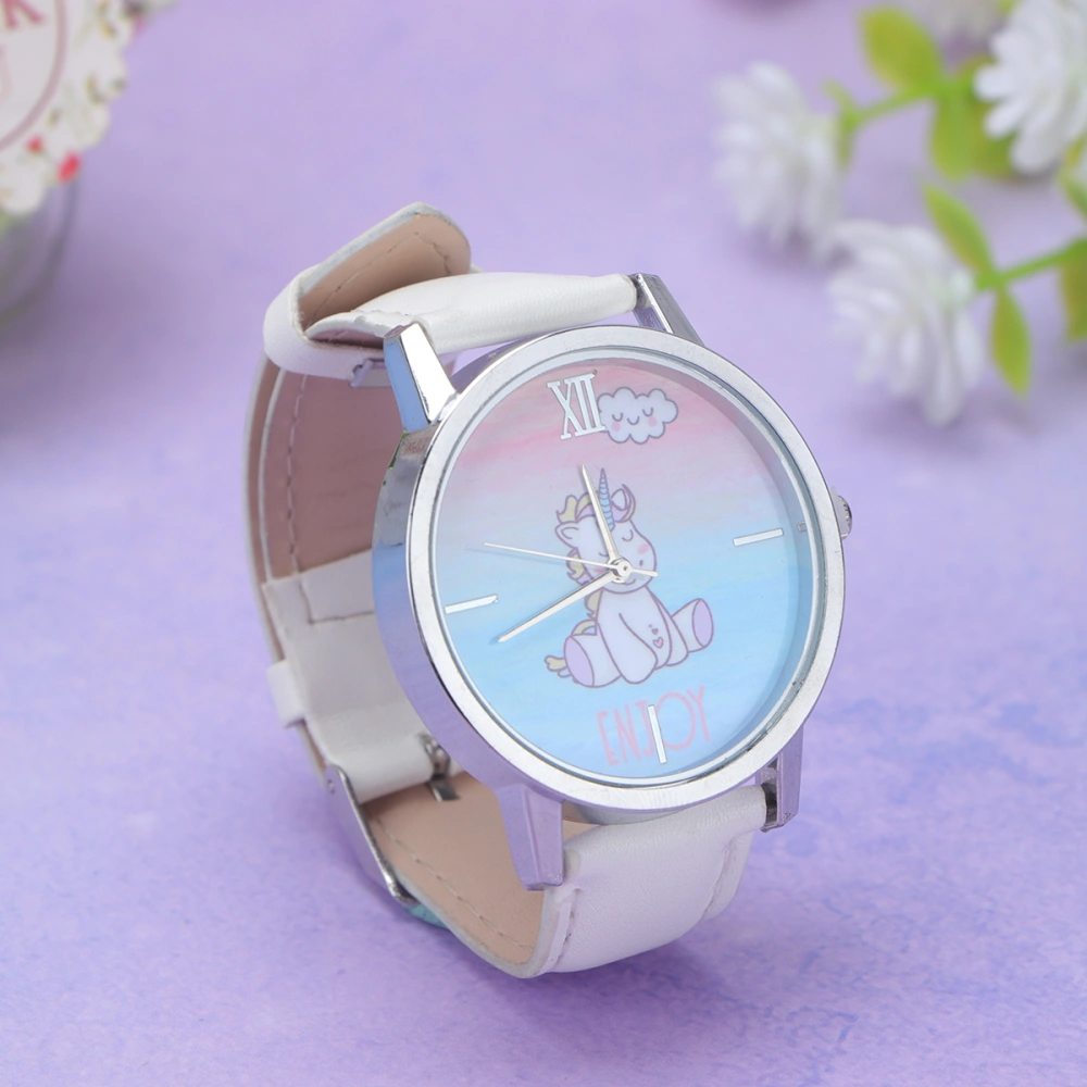 Cartoon Unicorn Pattern Kids Wrist Watch Stylish Student Quartz Watch Leather Watch for Kids Use (White)