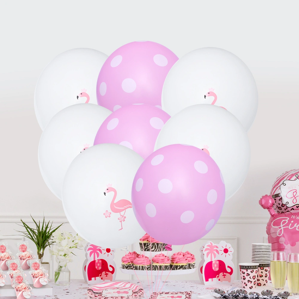 11pcs Hawaiian Party Balloons Decor Set 12 Inch Flamingo Pattern Balloons Pink Wave Point Balloons Kit with Ribbon (5pcs Flamingo + 5pcs Wave Point + 1 Roll Ribbon)