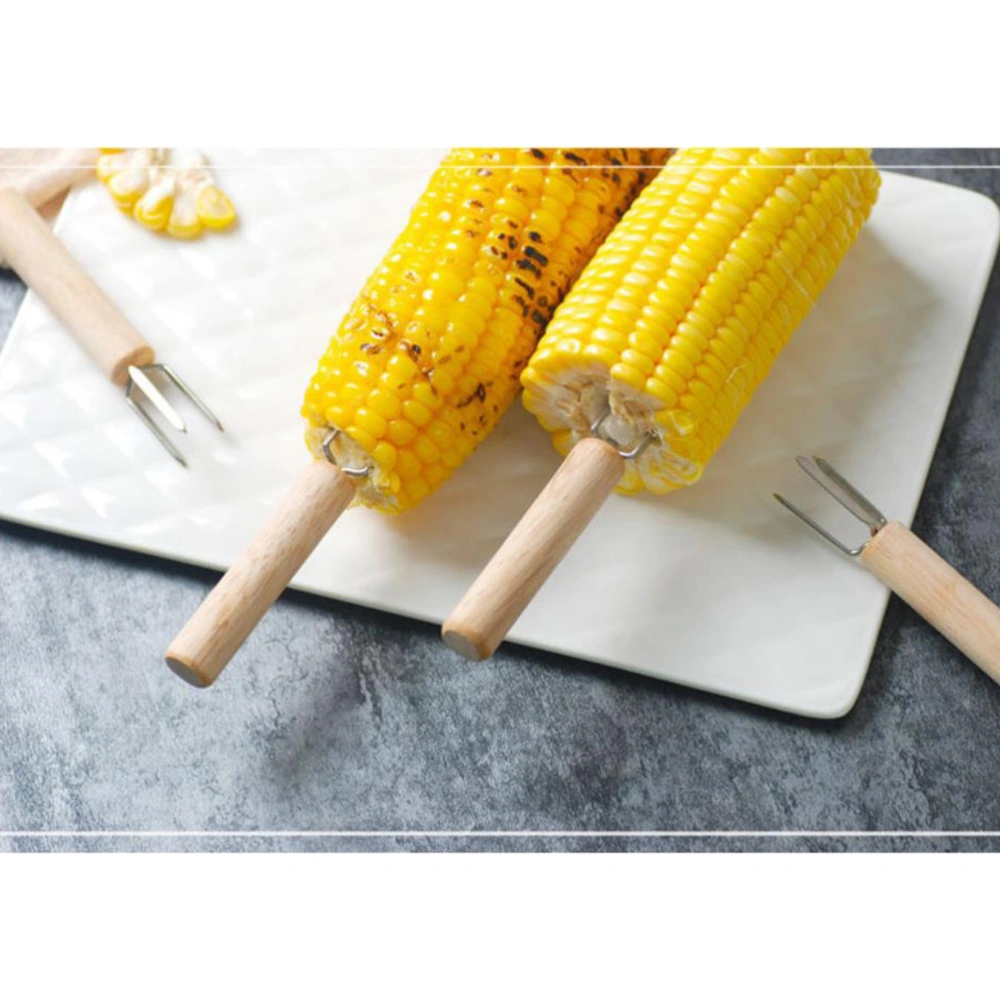 5pcs Stainless Steel BBQ Corn Forks Wooden Handle Grilling Fork Portable Corn Holder Barbecue Supplies (Wooden and Stainless Steel)