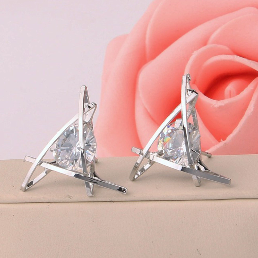 2 Pairs of Women Copper Earrings Square Zircon Ear Stud Silver Color Stud Earrings