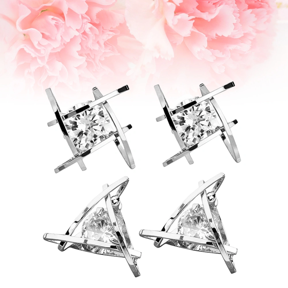 2 Pairs of Women Copper Earrings Square Zircon Ear Stud Silver Color Stud Earrings