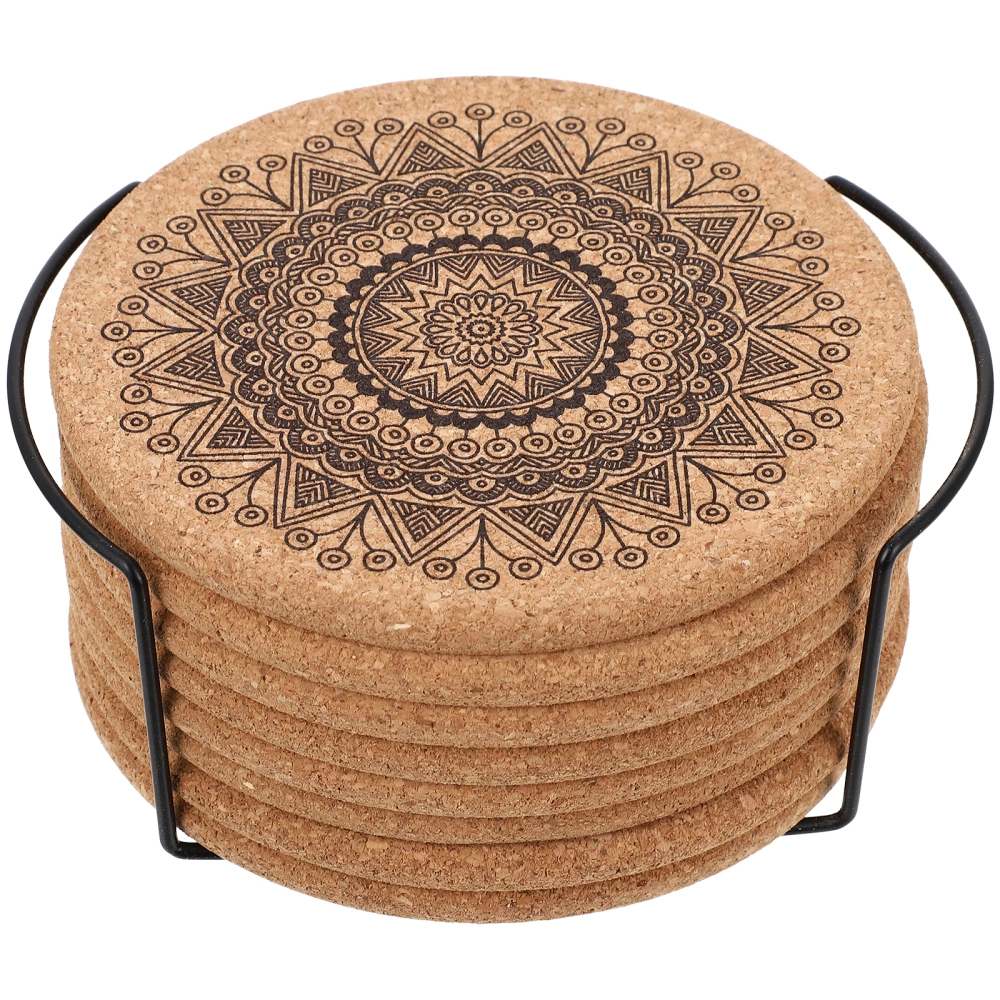 Mandala Round Cork Coasters with Rack Wooden Coasters Cup Pads for Home Office