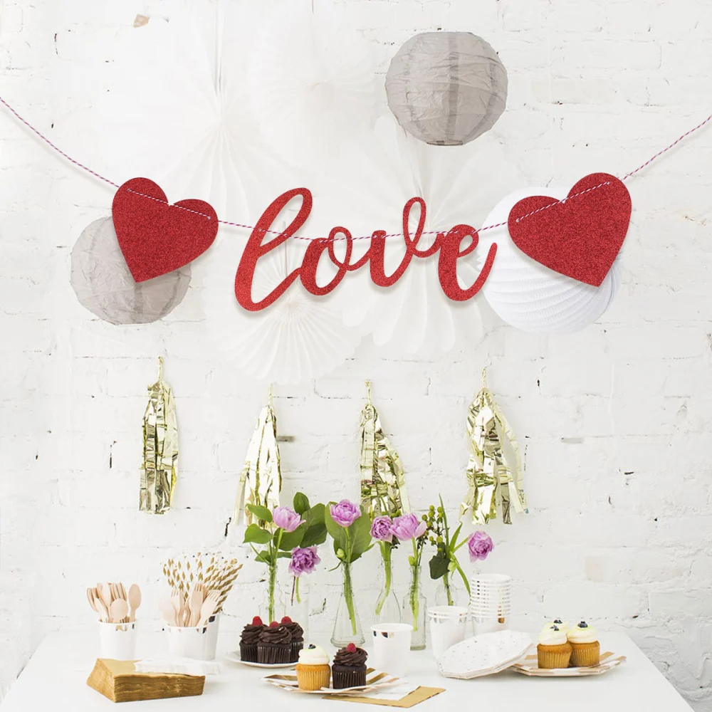 Valentine's Day Banner Glitter LOVE Letters Heart Garland Hanging Decorations Party Supplies for Proposal Engagement Wedding (Red)