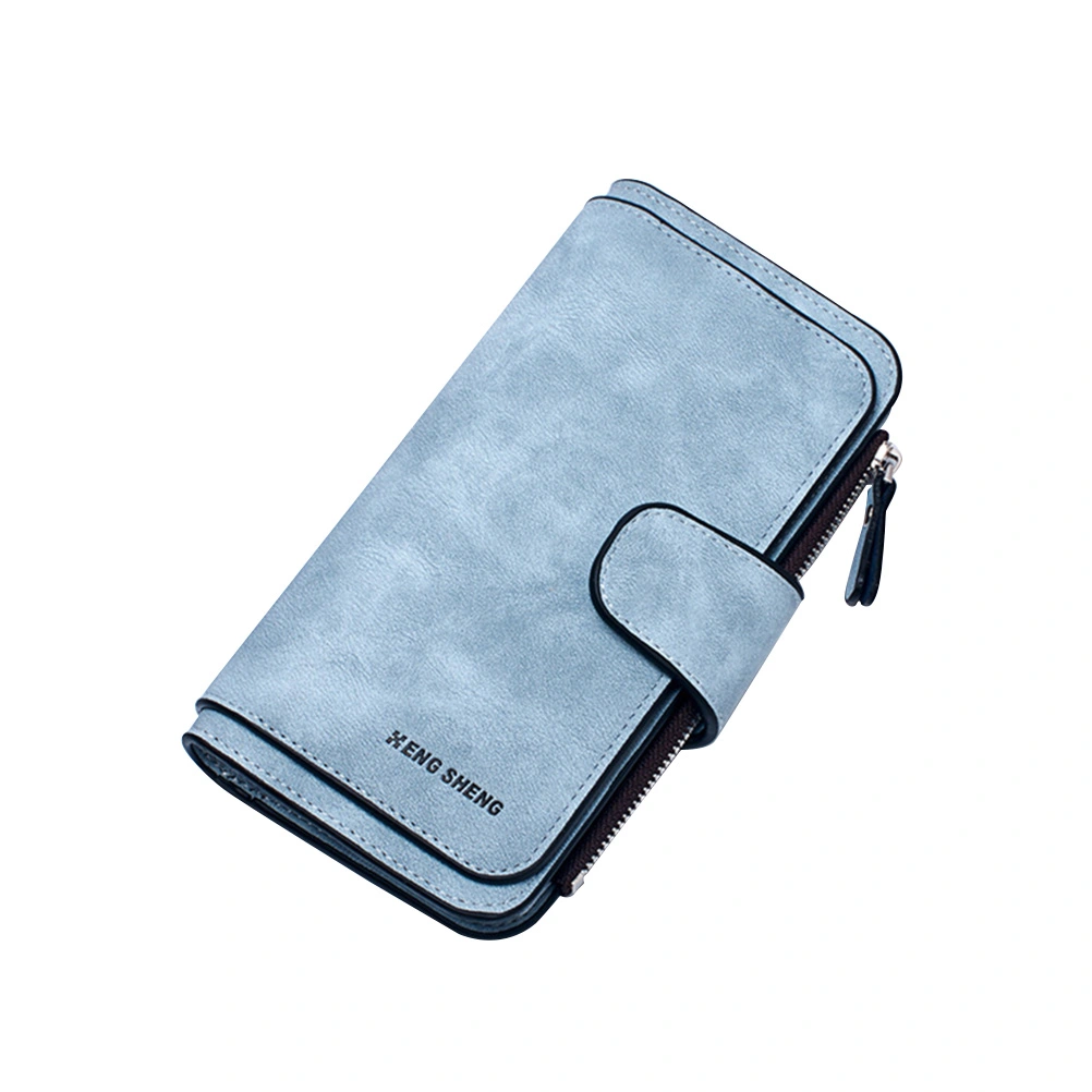 Women Triple-folded Bag Double Color Retro Buckle Wallets Matte Multi-Card Zip Pocket Wallet Long Purse (Light Blue)