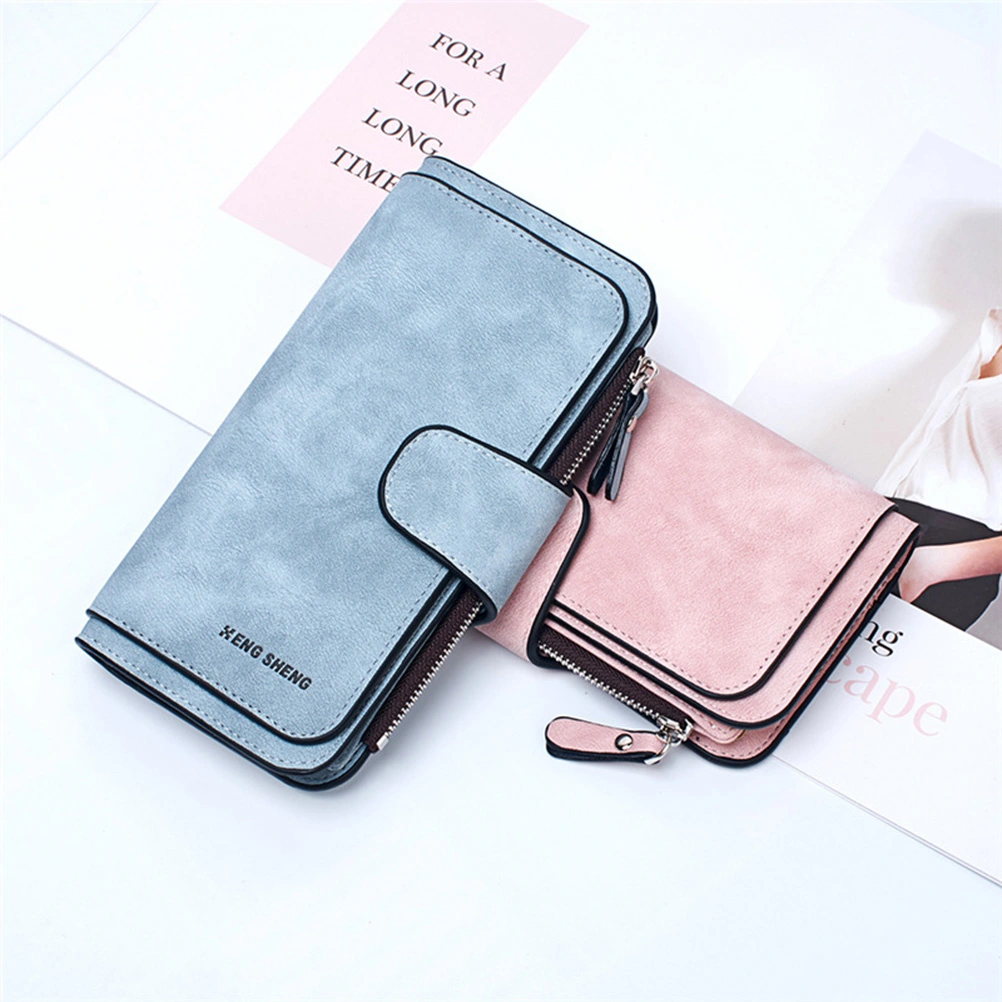 Women Triple-folded Bag Double Color Retro Buckle Wallets Matte Multi-Card Zip Pocket Wallet Long Purse (Light Blue)