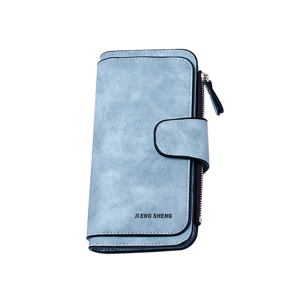 Women Triple-folded Bag Double Color Retro Buckle Wallets Matte Multi-Card Zip Pocket Wallet Long Purse (Light Blue)