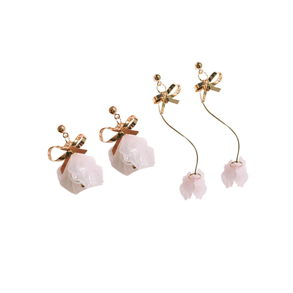 2 Pairs Women Hansenne Petal Pearl Shiny Long Earrings Fashion Ear Studs Rings (Short Pink and Long Pink)