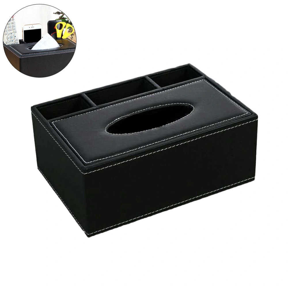 Multifunctional Desktop Organizer Holder Pencil Scissor Container PU Leather Tissue Box(Black)