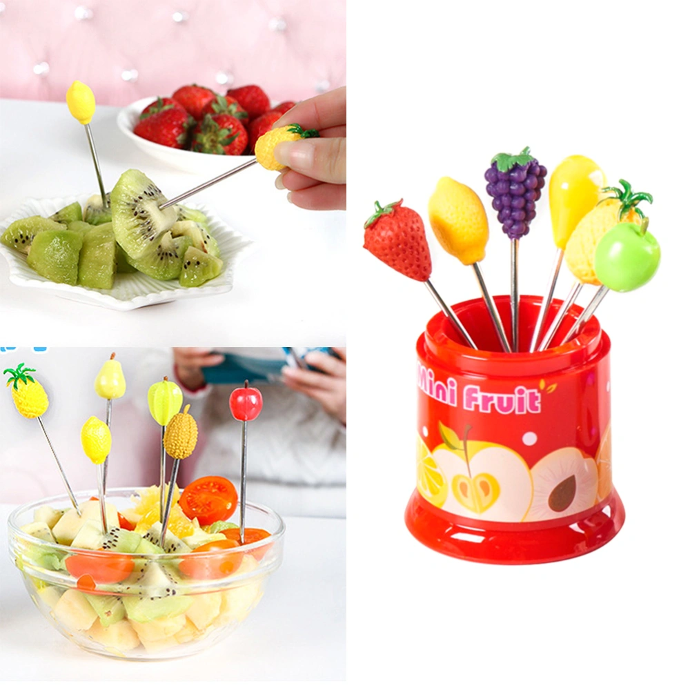 6 pcs Creative Lovely Stainless Steel Dazzle Fruit Fork for Kitchen Party Use Red Fork Canister (Random Style Fork)