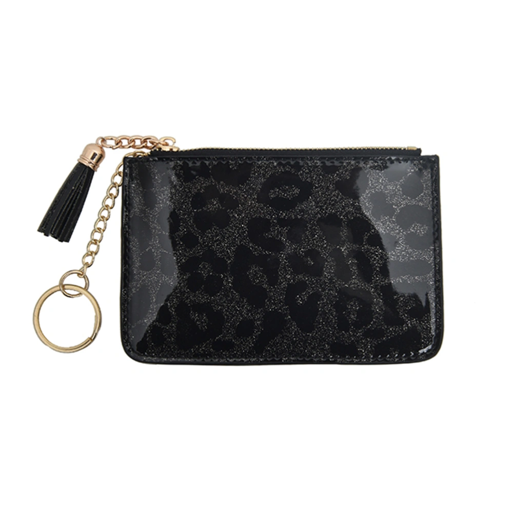 Women Wallet Spot Leopard Holder Lady Zipper Coin Purse with Key Chain (Black)