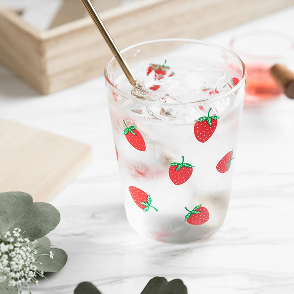 Transparent Cup Strawberry Printing Glass Milk Tea Cup Storage Cup for Home (Red)