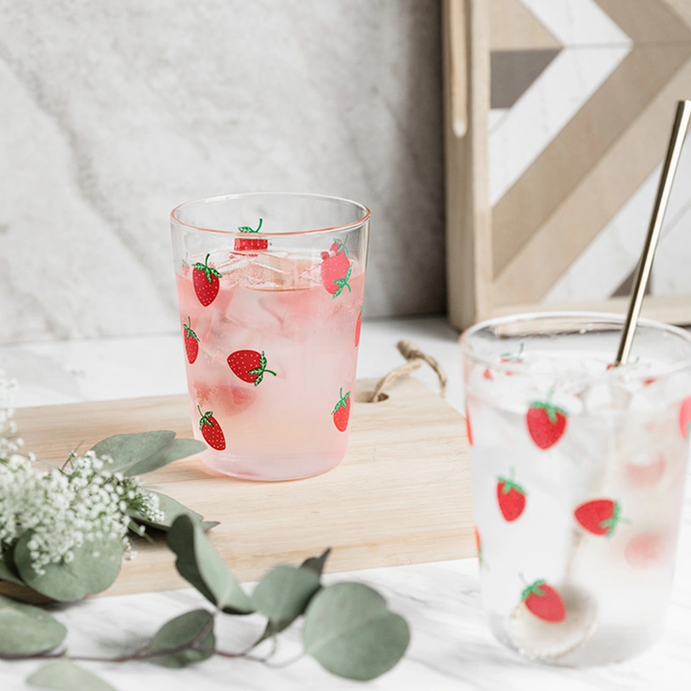 Transparent Cup Strawberry Printing Glass Milk Tea Cup Storage Cup for Home (Red)