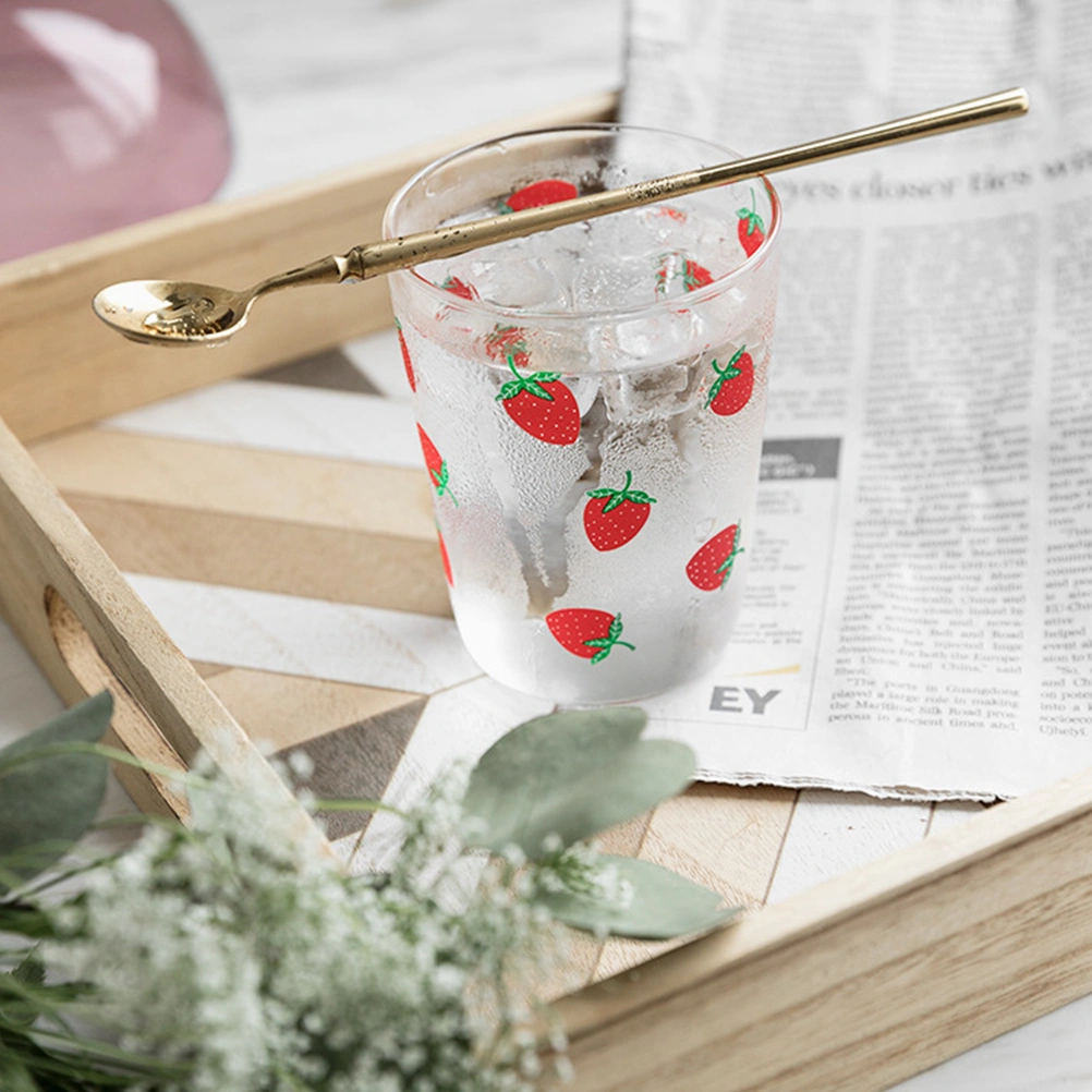 Transparent Cup Strawberry Printing Glass Milk Tea Cup Storage Cup for Home (Red)