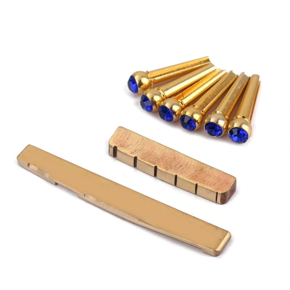 Brass Bridge With Nut Saddle Blue Crystal Design for Acoustic Guitar Parts Replacement Set