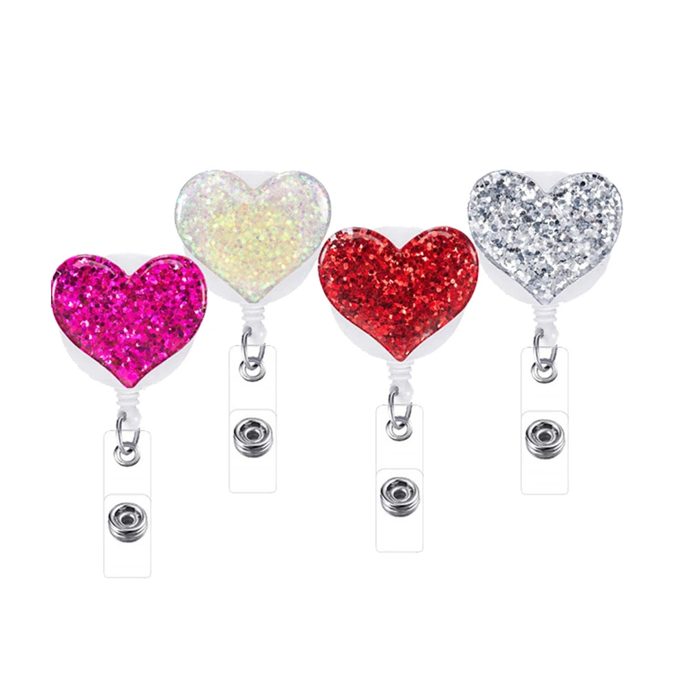 4pcs Nurse Badge Holder Shiny Rhinestone Heart Shape Nurses Retractable ID Badge Reel Clips (Random Color)