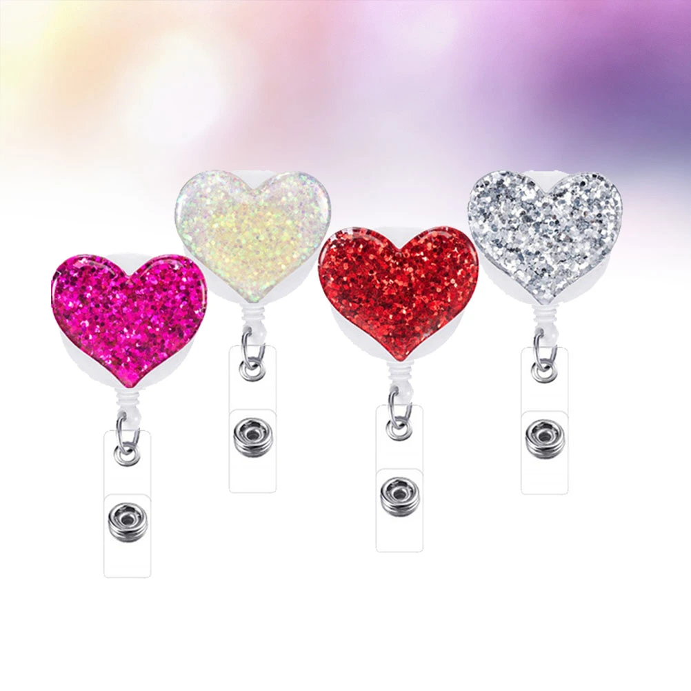 4pcs Nurse Badge Holder Shiny Rhinestone Heart Shape Nurses Retractable ID Badge Reel Clips (Random Color)