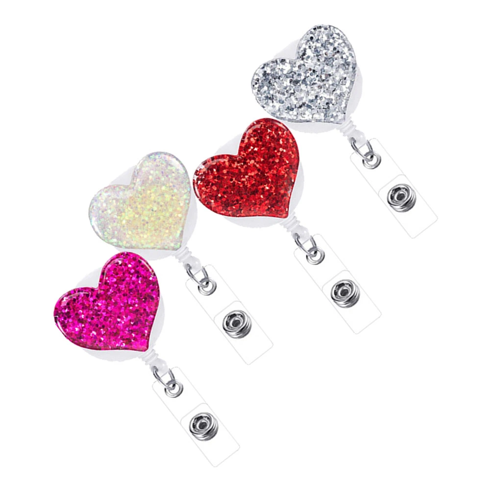 4pcs Nurse Badge Holder Shiny Rhinestone Heart Shape Nurses Retractable ID Badge Reel Clips (Random Color)