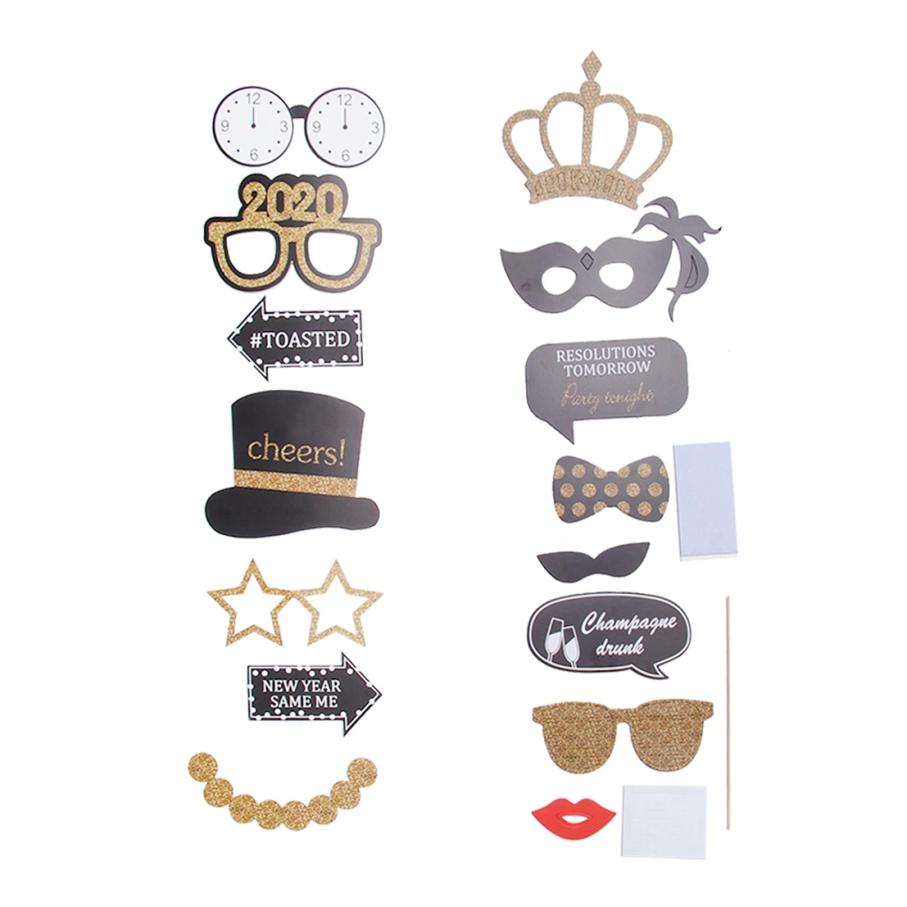 27pcs 2020 Happy New Year Funny Party Photo Props Creative Glitter Crown Moustache Decoration Photo Frame Booth Props Set Photography Accessories Party Supplies