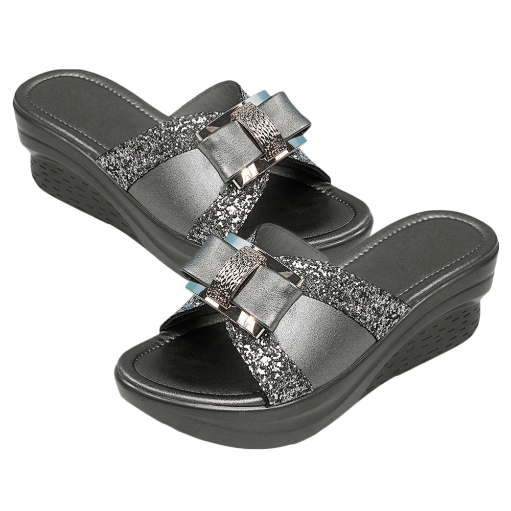 1 Pair Summer Thick Wedge Sole Slipper Sandals Flip-flops Bowknot with Sequins Decor Summer Casual Shoes for Women (Grey 37 23.5CM, 6.5US, 4UK, 37.5EU, 9.2355 Inch)