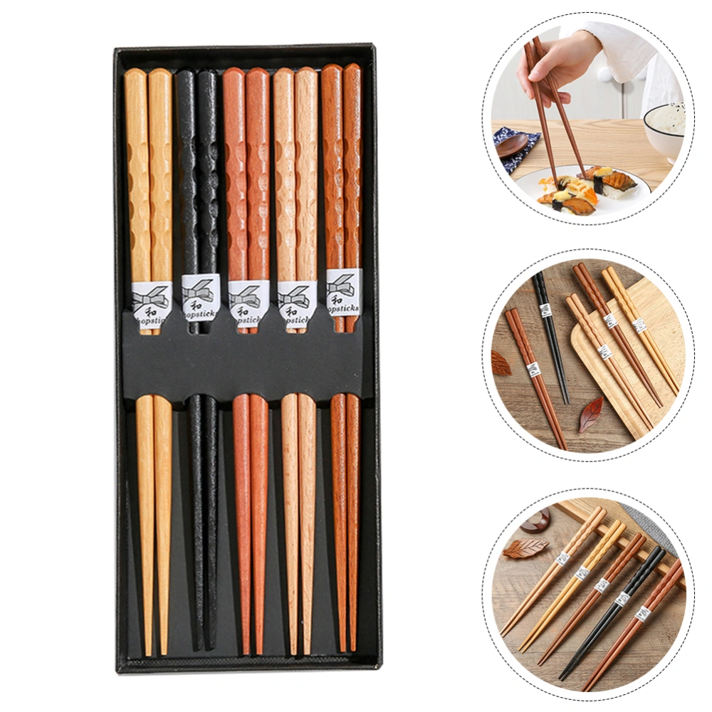 5 Pairs Wooden Chopsticks Pointed Tips Non-slip Chopsticks with Gift Box (Khaki)