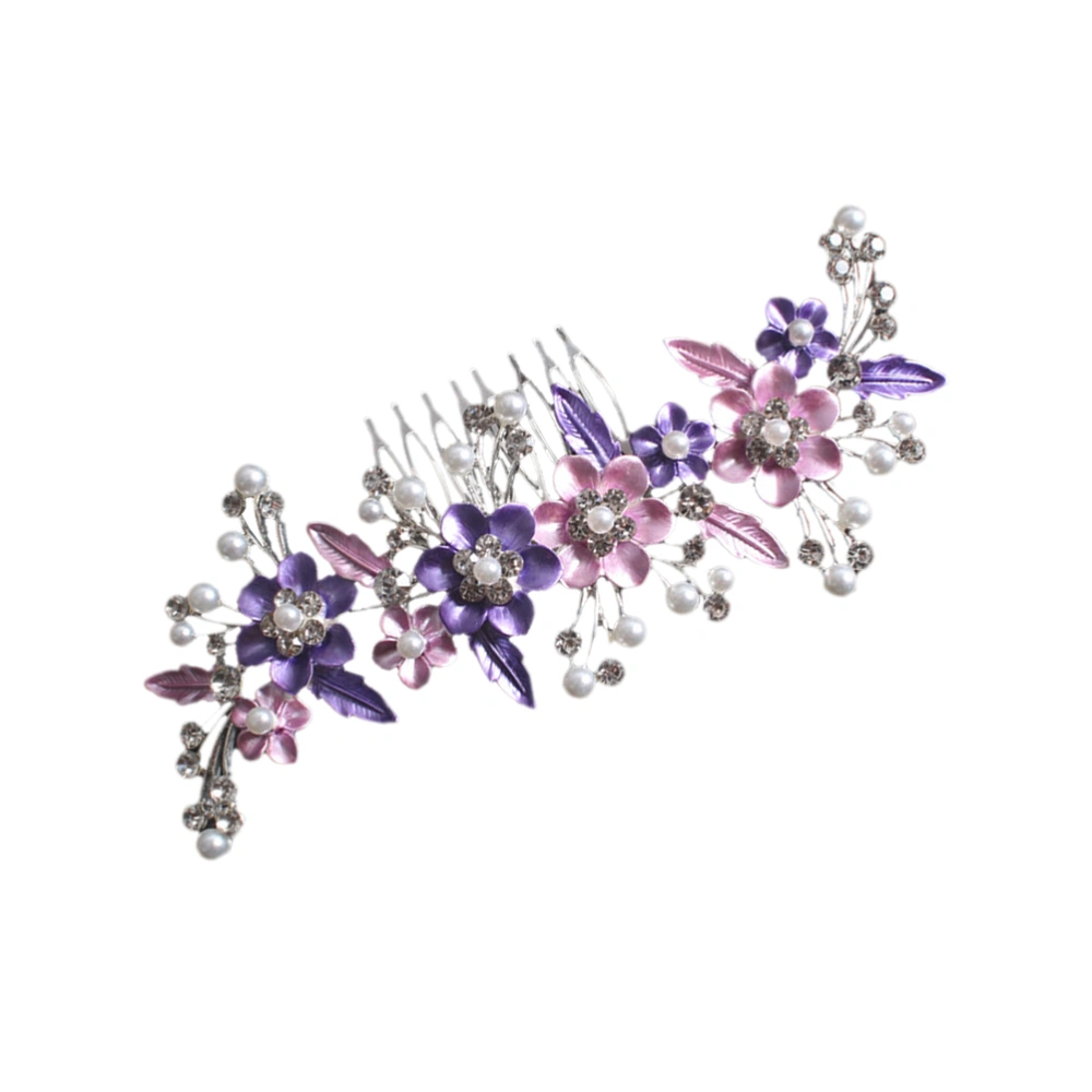 Flower Shape Hair Comb Pearl Hairpins Wedding Tiaras Rhinestone Hair Clips Elegant Headdress Alloy Headwear for Women Bride Purple