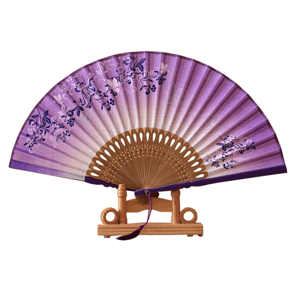 Women and Flower Style Folding Bamboo Hand Fan with Tassel (Purple+Black)