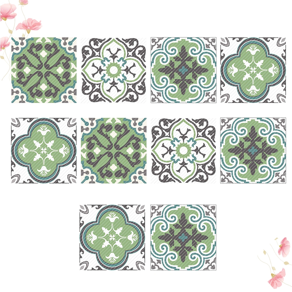 10Pcs European-style Stickers Removable Floor Stickers Wear-resistant Self-Adhesive Decorative Floor Tile Wall Tile Decals for Kitchen Bathroom 20x20cm