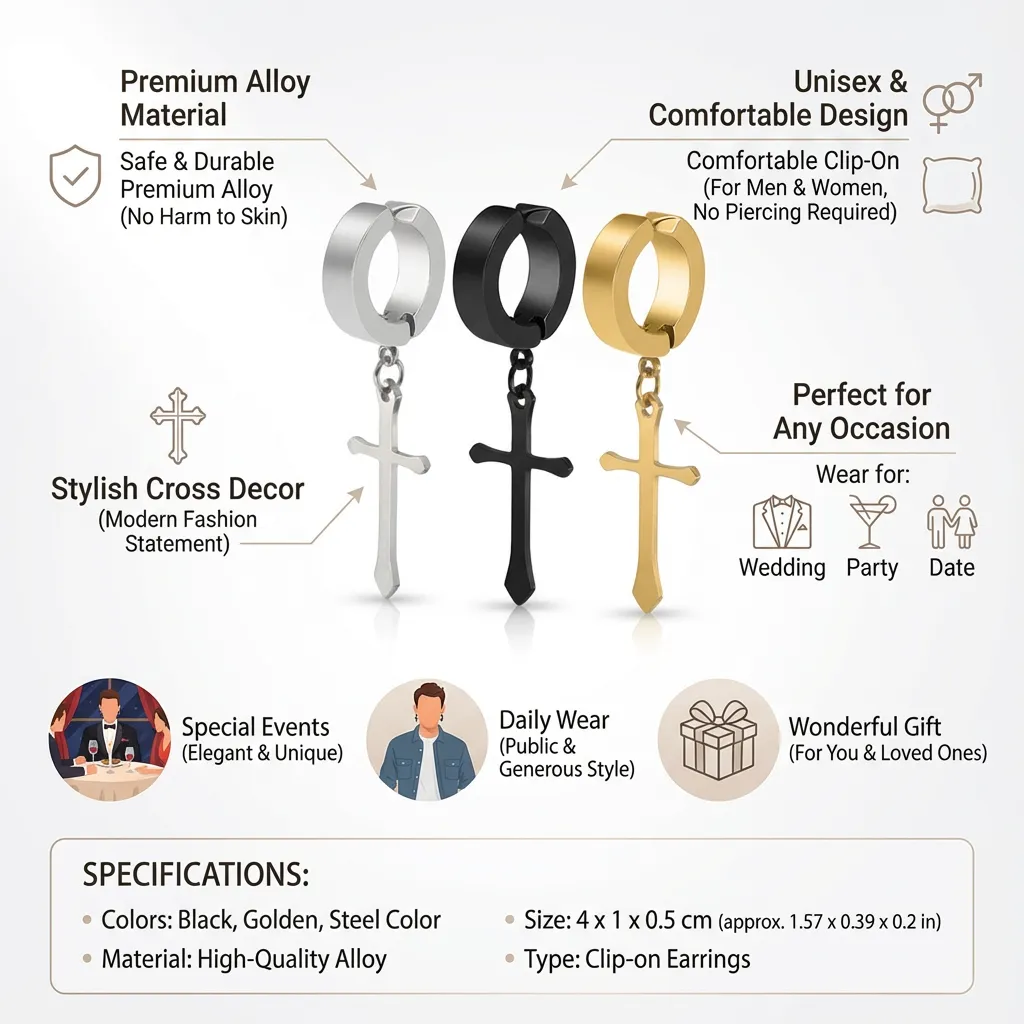 3 Pairs Crucifix Ear Clip Chic Cross Earrings Fashion Ear Jewelry for Women Men