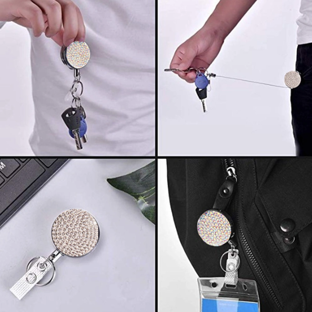 Retractable Badge Holder Alloy Rhinestone Keychain ID Holder Work Badges Accessories for Nurse Officer Daily Use (White)