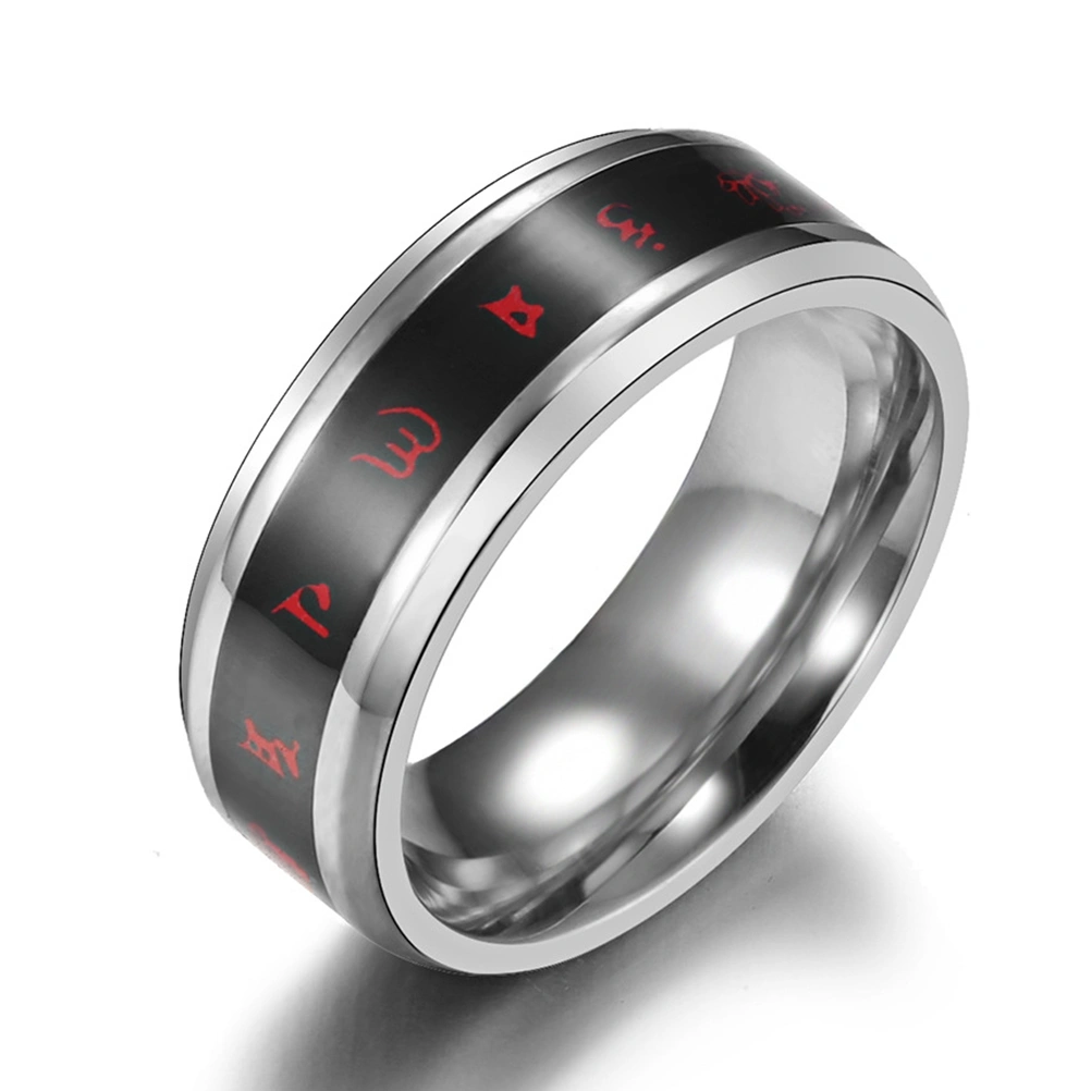 1Pc Unique Titanium Steel Ring Tibetan Buddhist Mantra Inlaid Finger Ring Delicate Distinctive Ring Jewelry (Steel Color Size 12#)