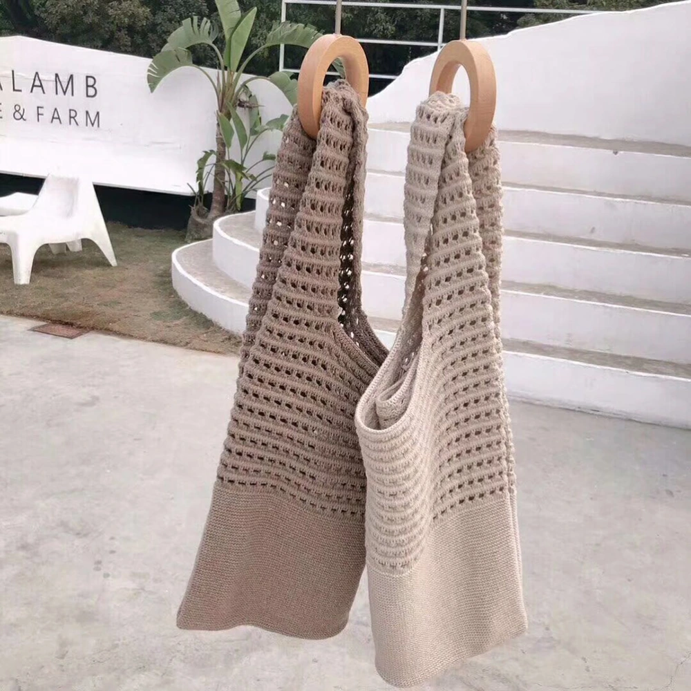 Natural Fresh Women Shoulder Bag Cotton Linen Woven Handbag Artistic Cotton Linen Knitting Bags for Shopping School Travel (Khaki)