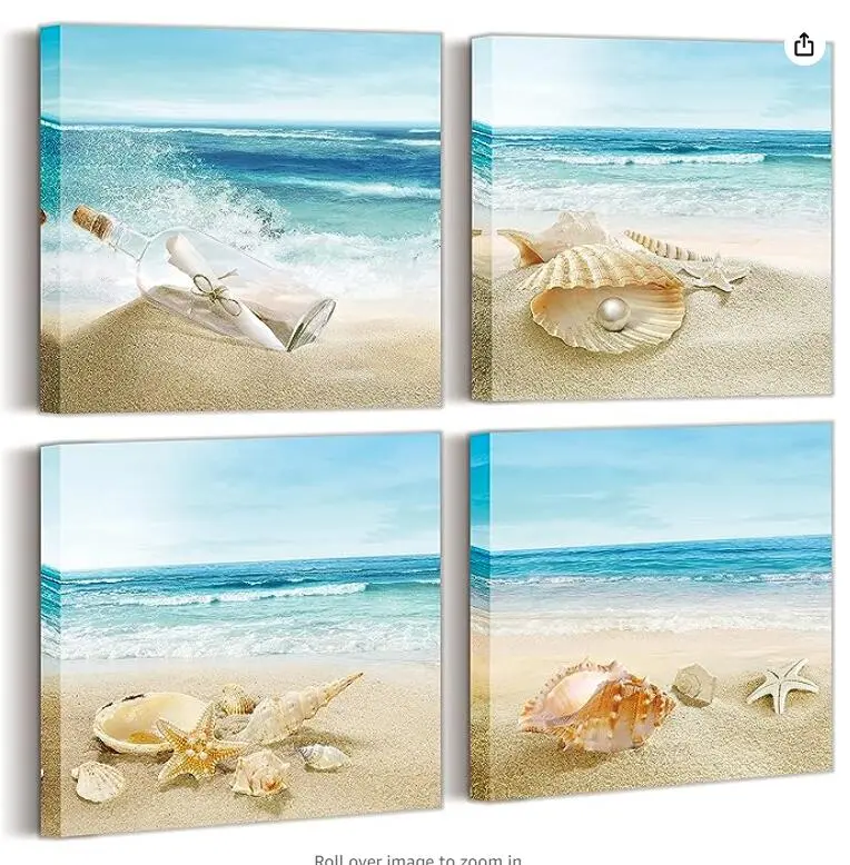 4Pcs Beach Wall Art Canvas Prints Sea Beach Picture Painting Modern Wall Artwork