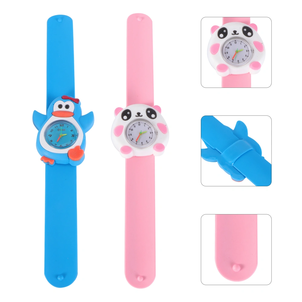 2Pcs Kids Cartoon Watches Creative Slap Watches Kids Quartz Slap Wristwatches Creative Students Gifts (Blue Penguin Pink Panda Pattern 1 Each)