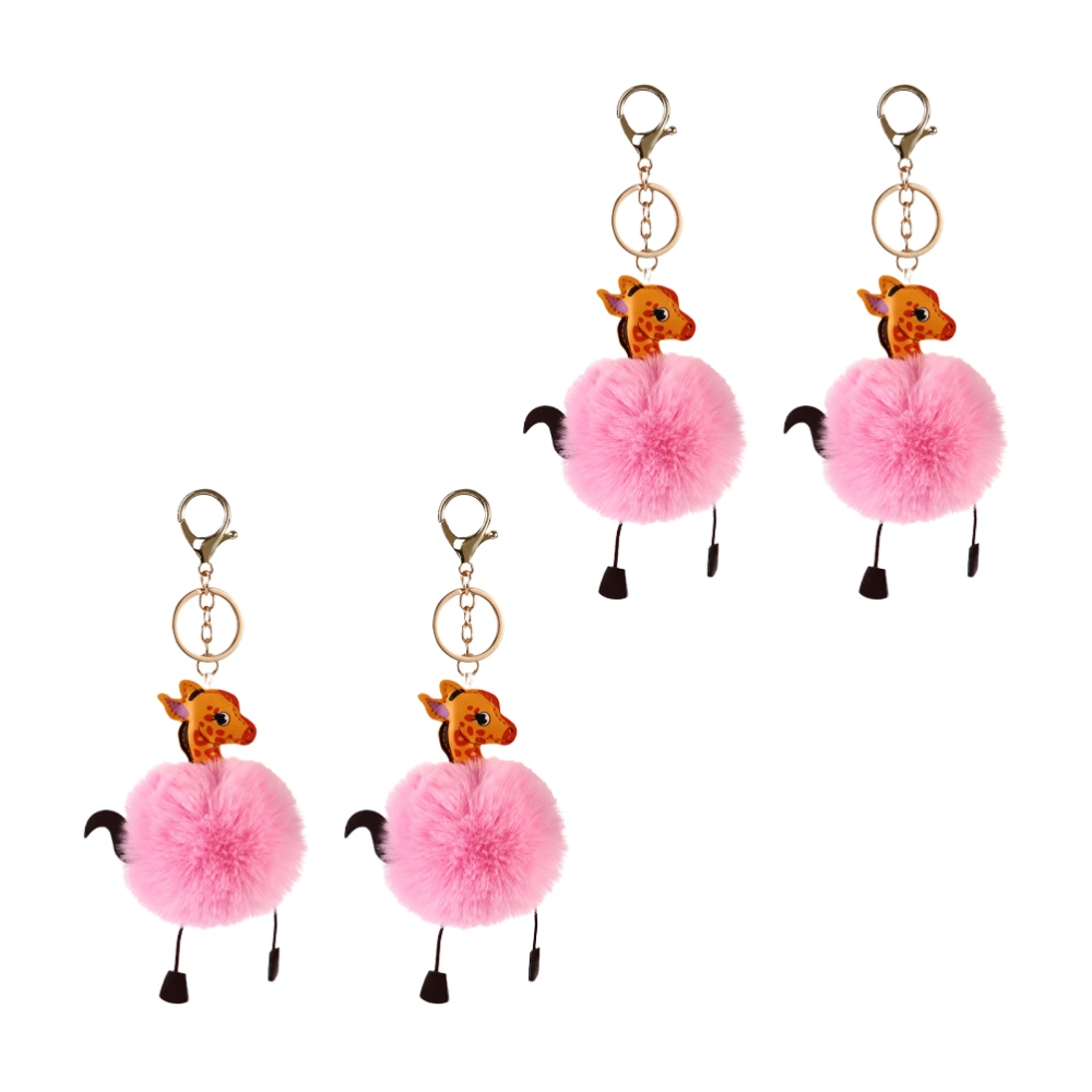 4pcs PU Giraffe Shaped Hair Ball Key Rings Long Ear Keychain Ornament Car Pendant Adorable Keychain Gift （Dark Pink）