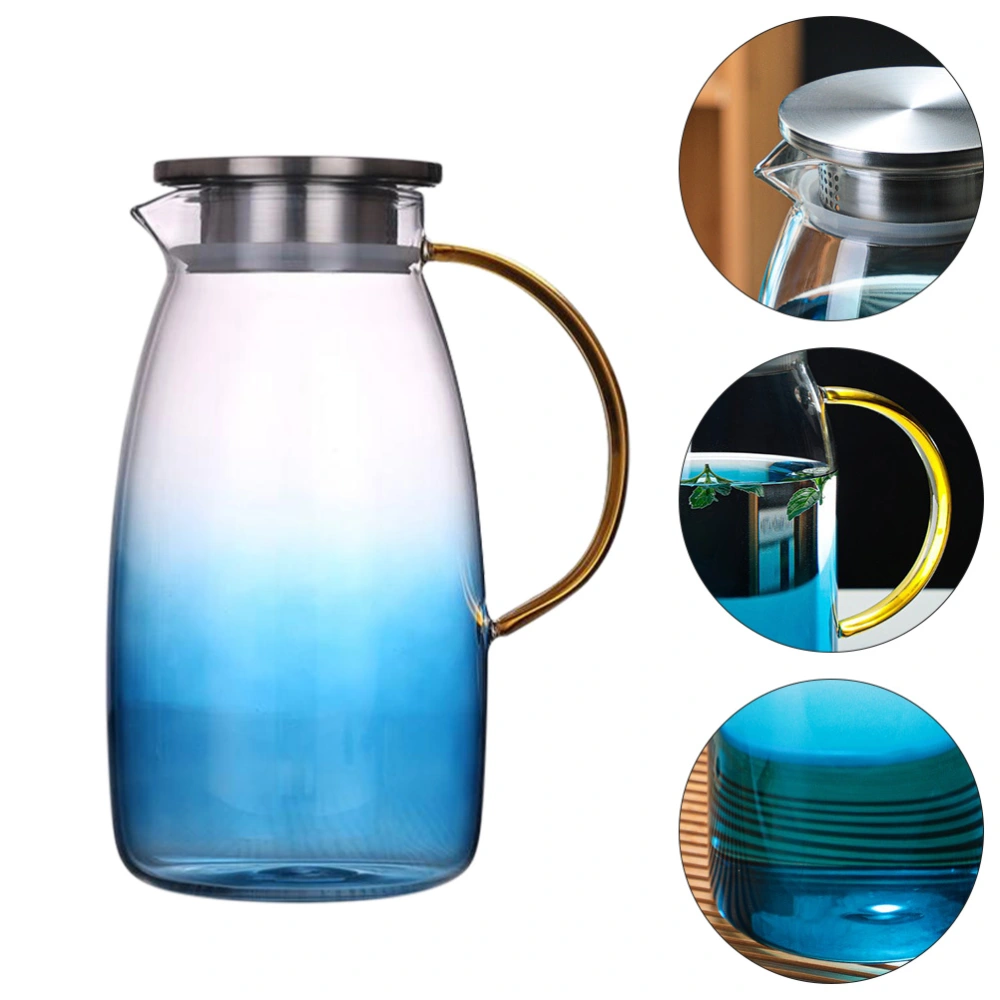 1Pc 1500ml Glass Water Pitcher Stainless Steel Lid Cold Water Jug (Blue)