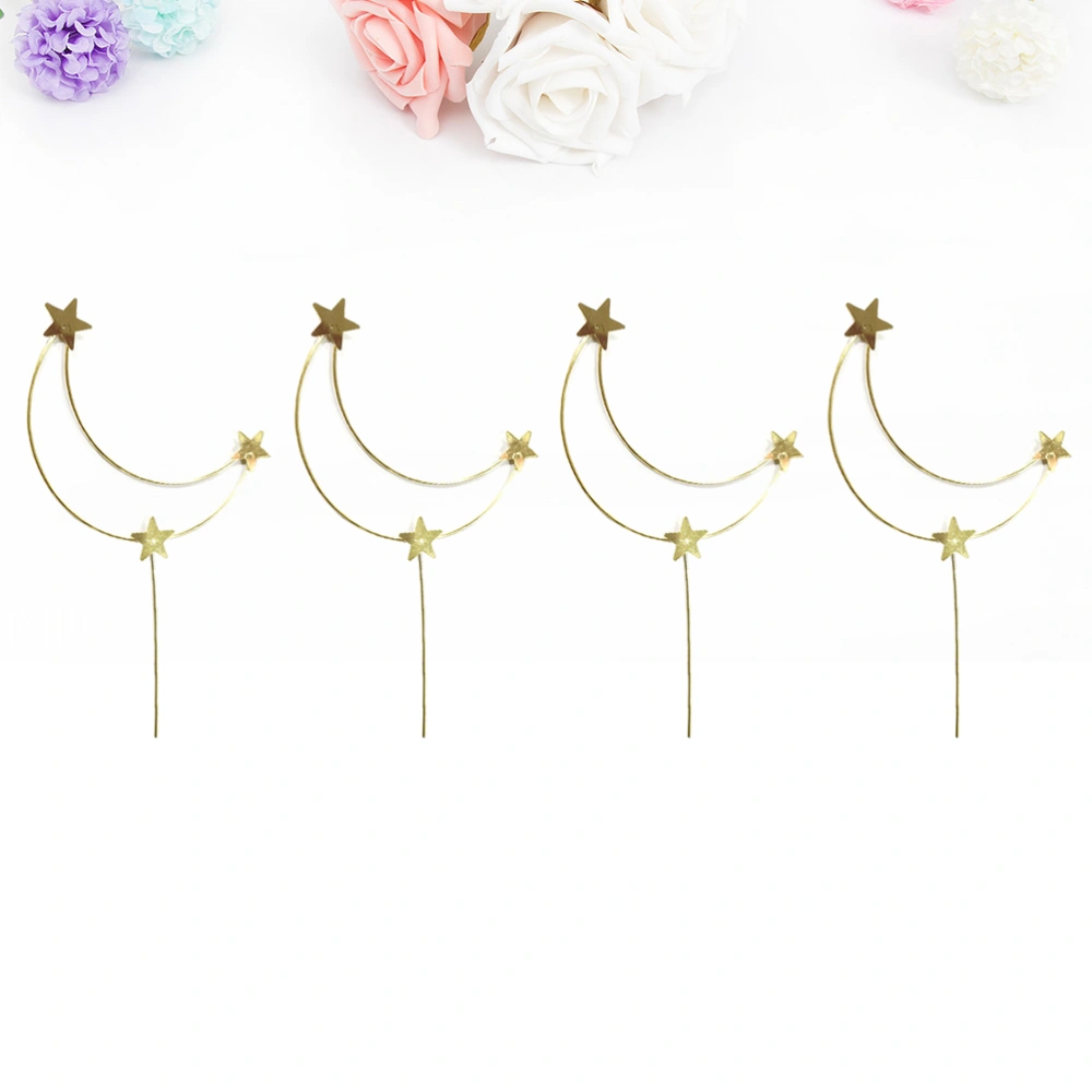 4pcs Cake Topper Star Moon Cake Baking Supplies Cake Picks for Party Birthday Wedding (Golden)