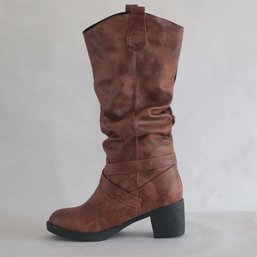 1 Pair Knight Boots Low-heeled Shoes Cross Strap Buckle Footwears (Light Brown)
