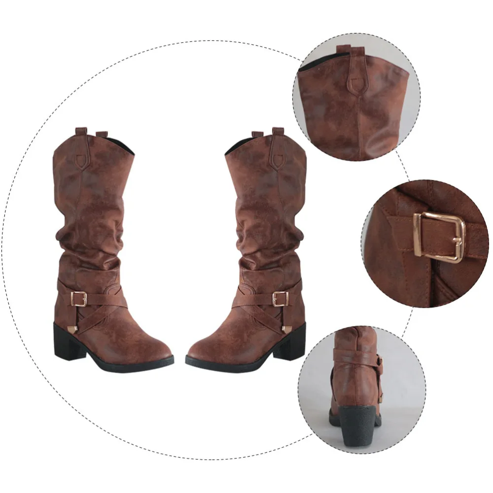 1 Pair Knight Boots Low-heeled Shoes Cross Strap Buckle Footwears (Light Brown)