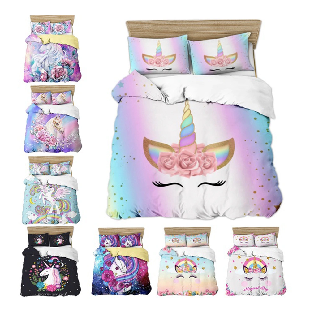 3pcs Unicorn Pattern Bedding Set Digital Printing Pillowcase Duvet Cover Set for Home Bedroom (AU Single)